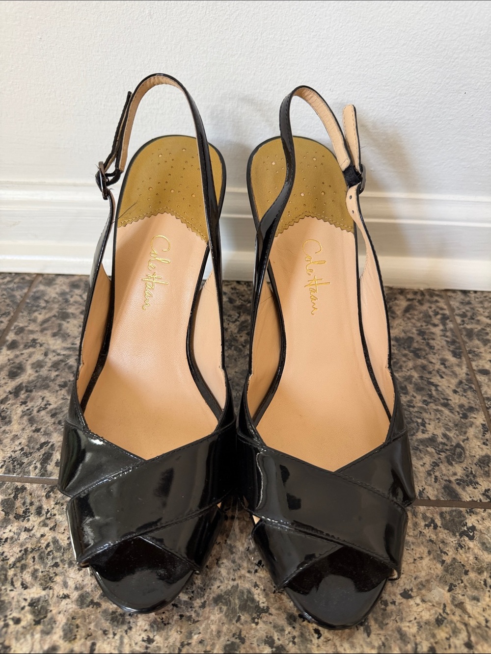 Cole Haan Black Patent Slingback Peep-Toe Sandals